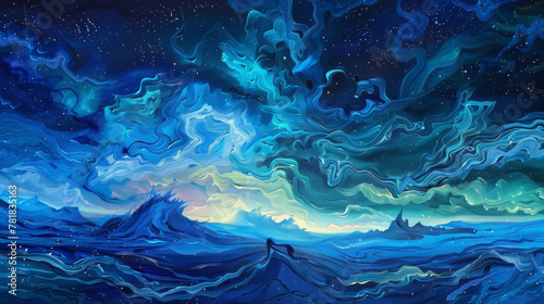 Waves of paint simulating the aurora borealis in an abstract night sky,