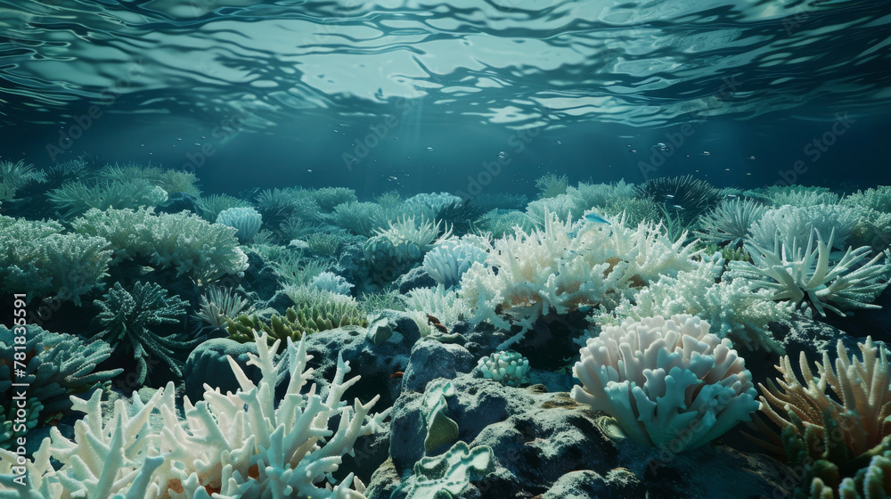 Obraz premium Animated sequence showing the gradual darkening of coral reefs, symbolizing the loss of marine biodiversity,