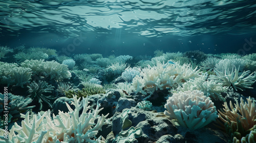 Animated sequence showing the gradual darkening of coral reefs, symbolizing the loss of marine biodiversity, © FoxGrafy