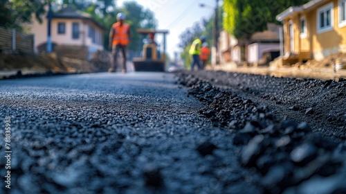 Revitalizing Roads Workers Lay New Asphalt Pavement in Residential Area