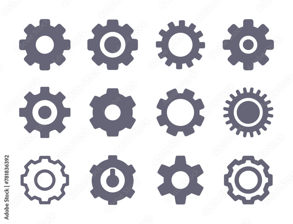 Gears glyph flat icons. Vector solid pictogram set included icon as cogwheels silhouette illustration for settings. Gears glyph flat icons. Vector solid pictogram set included icon as cogwheels silhouette illustration for settings.