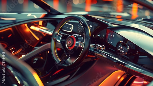 An artistic depiction of the car's steering wheel, highlighting its ergonomic design and smooth handling