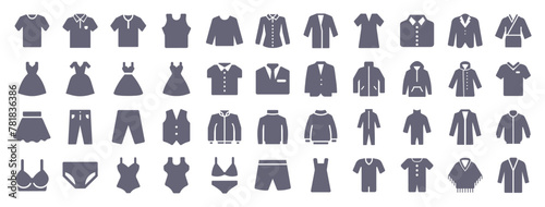 Clothes glyph flat icons. Vector solid pictogram set included icon as evening dress, pants, shirt, t-shirt, jeans, hoodie silhouette illustration for fashion apparel.