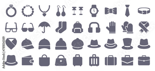 Accessory glyph flat icons. Vector solid pictogram set included icon as wedding ring, belt, hat, scarf, sunglasses, socks, backpack silhouette illustration for fashion. photo