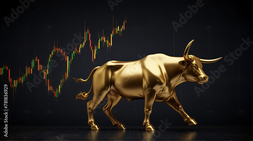 A golden bull in side of stock market chart award in gold and black color with copyspace area as wide banner  dark background  abstract style  bullish