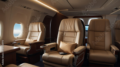 A closeup of first class business luxury seats for vacations or corporate airplane travel with copy space area wide banner, plane interior, LEATHER © Prateek