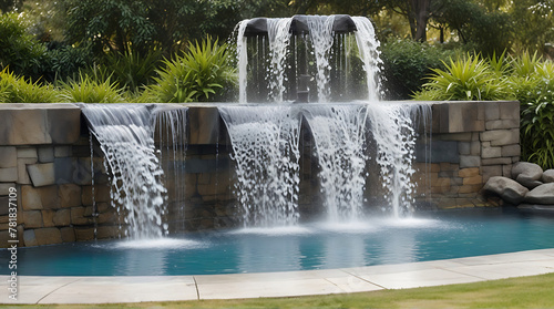 Outdoor home modern water feature fountain waterfall as wide banner with copy space area for garden landscape  modern house fountain  sprinkler 