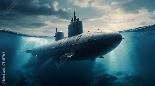 Dramatic shot of a Generic military nuclear submarine floating in the middle of the ocean while shooting an undersea torpedo missile, wide banner with copy space area, underwater