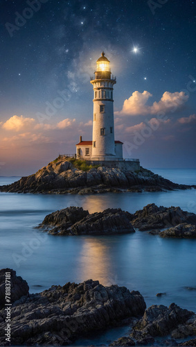 Stunning dramatic sea landscape with an ancient lighthouse on an island