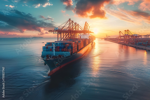 Container ship carrying container boxes import export dock with quay crane. Business commercial trade global cargo freight shipping logistic and transportation worldwide oversea concept