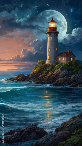 Stunning dramatic sea landscape with an ancient lighthouse on an island