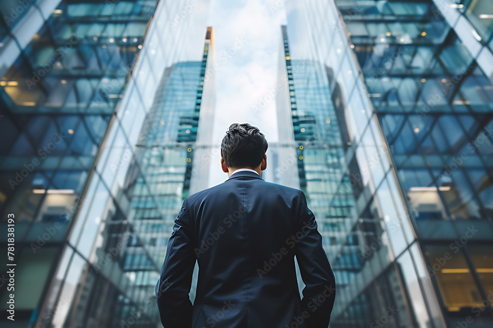 Fototapeta premium back of businessman in suit with business office glass modern buildings background for economic market stock investment