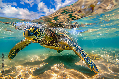 An endangered Hawaiian Green Sea Turtle cruises in the warm waters of the Pacific Ocean in Hawaii photo