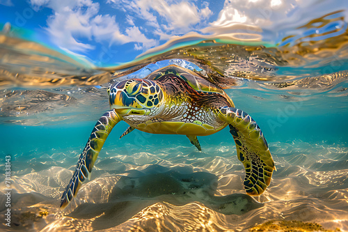 An endangered Hawaiian Green Sea Turtle cruises in the warm waters of the Pacific Ocean in Hawaii photo