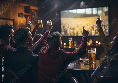 back, rear view of young male female soccer Fans watching on tv plasma sports match at the bar. Men women watch football. Friends in cafe restaurant watching sports games and drinking beer in glasses photo
