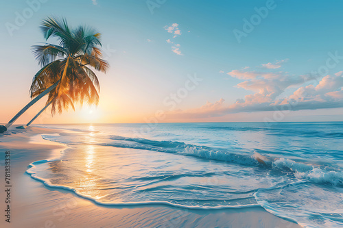 Paradise beach with palm trees and calm ocean at dawn or sunset. Panoramic banner of a peaceful landscape