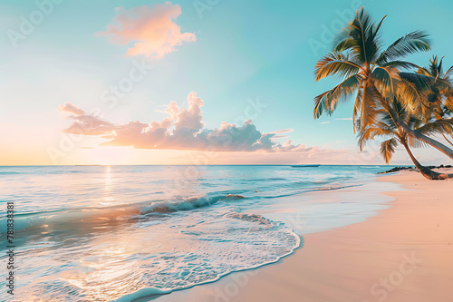 Paradise beach with palm trees and calm ocean at dawn or sunset. Panoramic banner of a peaceful landscape