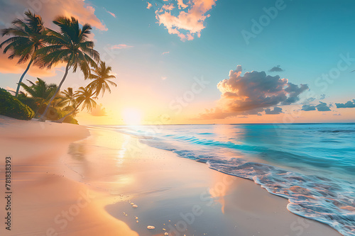 Paradise beach with palm trees and calm ocean at dawn or sunset. Panoramic banner of a peaceful landscape © Surasak