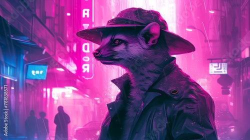 Modish mongoose in a tailored blazer, wearing a fedora hat, amidst a bustling cityscape backdrop, lit with urban neon, exuding metropolitan sophistication and style