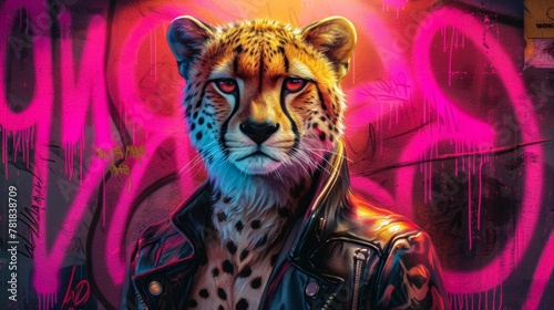 Sleek cheetah adorned with tribal tattoos, wearing a leather jacket, against an urban graffiti backdrop, lit with neon lights, exuding urban chic and speed photo