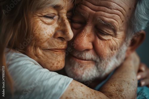 Two elderly people of mixed race hugging both, close up portrait of old people.