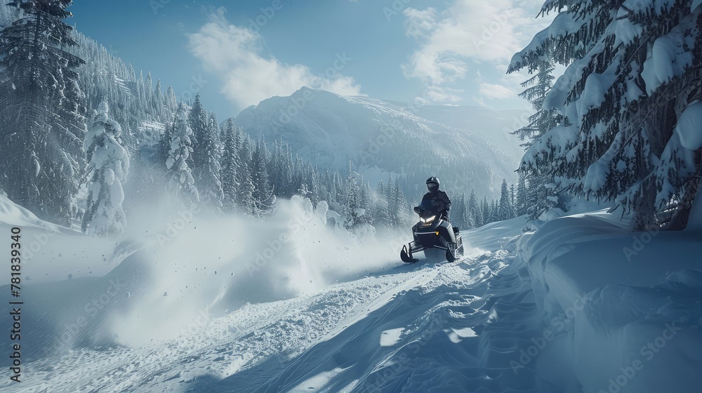 An electric-powered snowmobile carving through freshly fallen snow in a remote mountain valley, with pine trees lining the slopes and the air filled with the scent of pine.