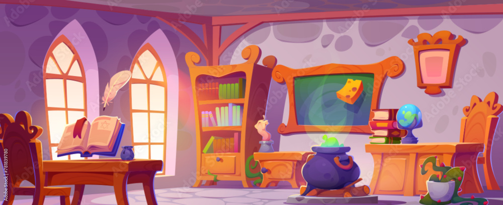 Magic school classroom interior. Vector cartoon illustration of room with old wooden bookcase, vintage desk and chair, ancient spell book and feather in air, green potion boiling in cauldron, candle - obrazy, fototapety, plakaty 