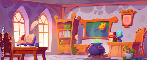 Magic school classroom interior. Vector cartoon illustration of room with old wooden bookcase, vintage desk and chair, ancient spell book and feather in air, green potion boiling in cauldron, candle
