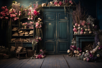 Maternity backdrop, wedding backdrop, photography background with delicate flowers and vintage door.