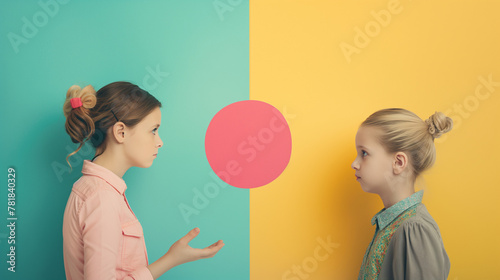 Eltern mit Kind in Erziehungsfragen und Verbote für Kinder Isoliert Platz für Text vor einfarbigen Hintergrund Generative AI