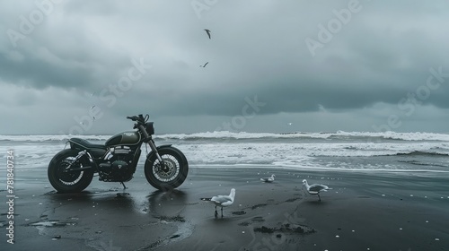 An electric motorcycle parked on a deserted stretch of beach, with waves crashing against the shore and seagulls circling overhead.
