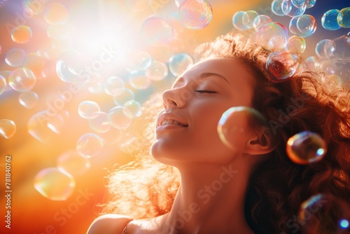 A teen blowing iridescent bubbles outdoors, creating a whimsical, dreamy atmosphere