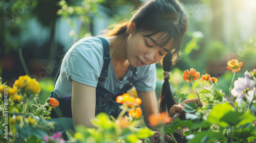 Young Asian woman engrossed in gardening, surrounded by vibrant flowers in a home garden at dawn