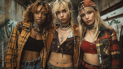 Dive into the world of rebel fashion in a realistic photo of a group of friends dressed in alternative styles gathered in an abandoned warehouse for an underground fashion show. 