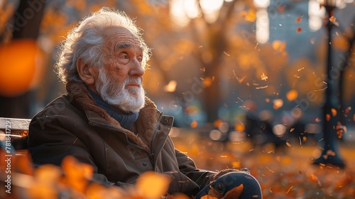 Immerse yourself in the vulnerability of aging in a realistic photo of an elderly person sitting alone on a park bench their hands clasped in their lap and a distant look in their eyes. 