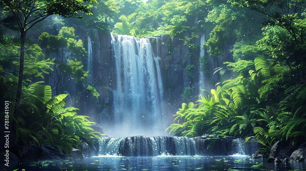 Venture into the heart of the rainforest where cartoon little animals swing from vine to vine amidst towering trees and cascading waterfalls! With lively watercolors Venture into the heart of the rainforest where cartoon little animals swing from vine to vine amidst towering trees and cascading waterfalls! With lively watercolors