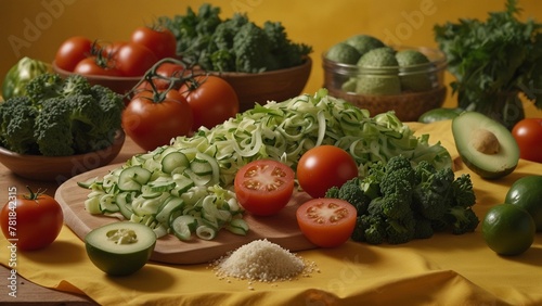 Vegetables in wicker bowl on straw. Two sweet pepper, potato tubers, tomatoes, cucumbers, lettuce, garlic on a wooden table. Vegetables lie on straw in a wicker basket. Healthy nutrition and diet.