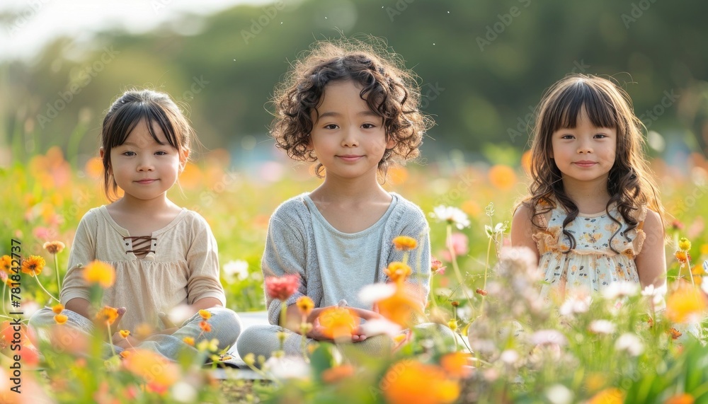 Three toddlers smiling in a field of flowers, sharing happiness in nature Three toddlers smiling in a field of flowers, sharing happiness in nature