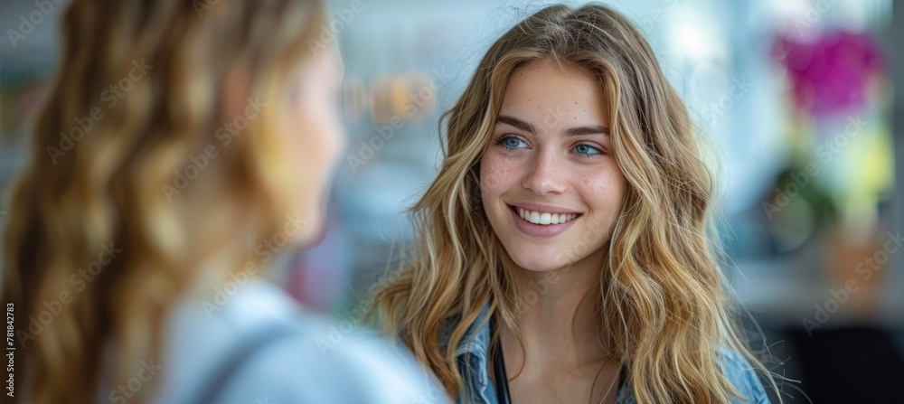 Blond woman with electric blue eyes smiling at mirror, happy with her reflection Blond woman with electric blue eyes smiling at mirror, happy with her reflection