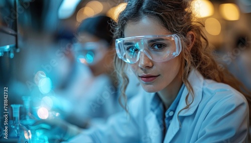 A woman in electric blue goggles is experimenting in the lab