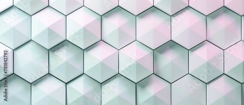 Modern Minimalist Geometric Pattern with white with Green and Pink light Hologram Hexagons - Abstract 3D Background