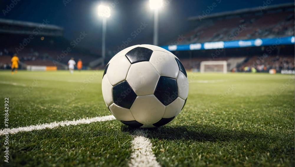 view of a pristine white line on a soccer pitch with a soccer ball under the glistening lights of the stadium