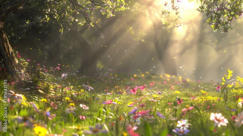 Fototapeta premium Magical forest scene with sun rays filtering through trees onto a vibrant meadow of wildflowers.