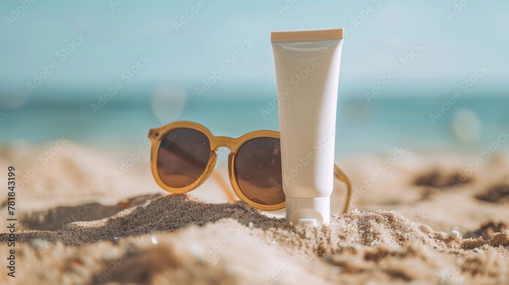 Fototapeta premium Sandy beach scene featuring essential summer items, including sunscreen and stylish sunglasses.