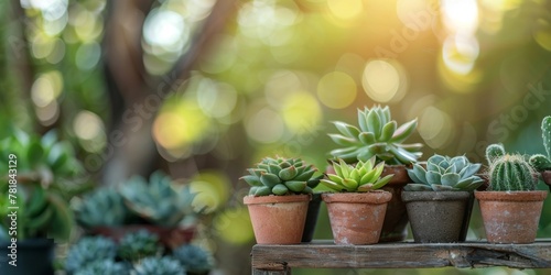 Variety of succulents in terracotta pots against a blurred garden background.