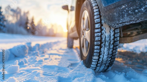Close-up of a car tire on a snowy road during a vibrant winter sunset.