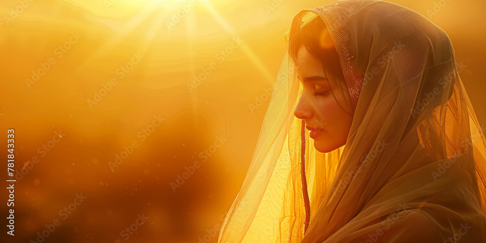 Portrait of a serene young woman enveloped in a golden veil during a vibrant sunset, depicting tranquility.