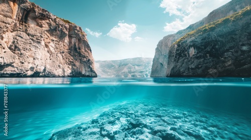 Split-view shot of sunlit cliffs above and beneath Mediterranean Sea water surface.