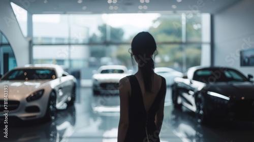 Silhouette of a woman standing against a backdrop of luxury cars in a modern showroom. © tashechka