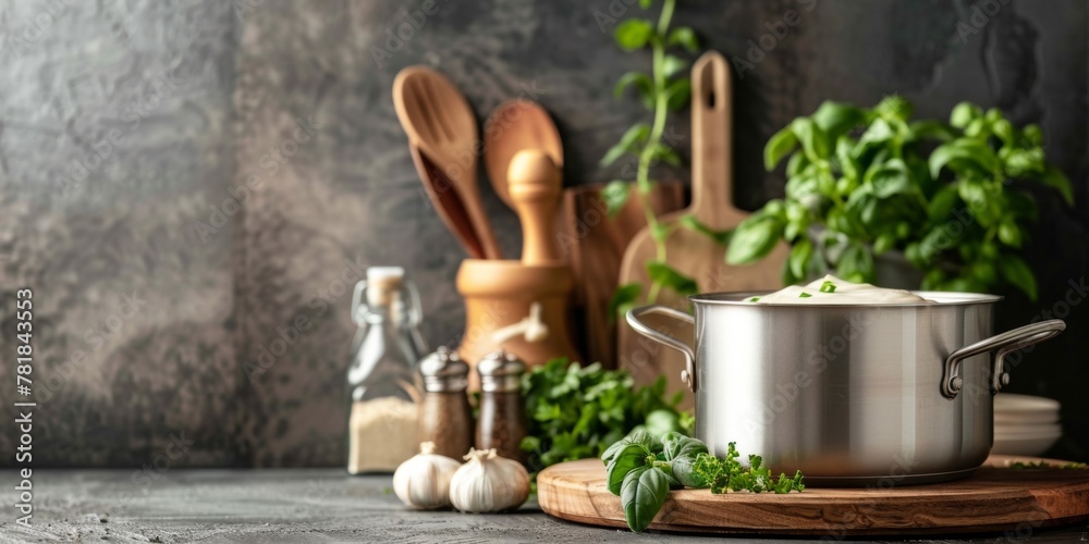 Elegant stainless steel pot on a modern stove surrounded by various wooden kitchen utensils and fresh herbs.